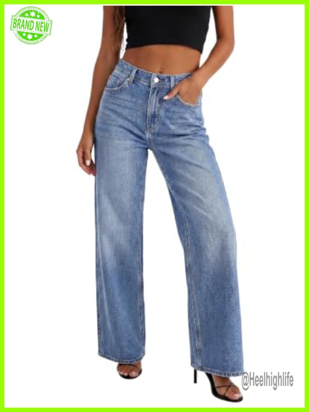High Waisted Wide Leg Jeans Loose Stretchy Denim Pants Trousers with Pockets